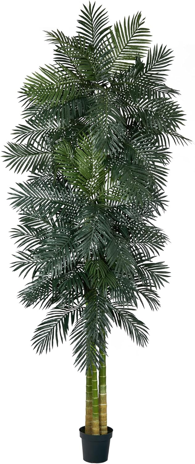 Nearly Natural 6.5ft Artificial Golden Cane Palm Tree, Lifelike Silk Indoor Palm With Three Textured Trunks Flexible Fronds Nursery Planter, Low Maintenance