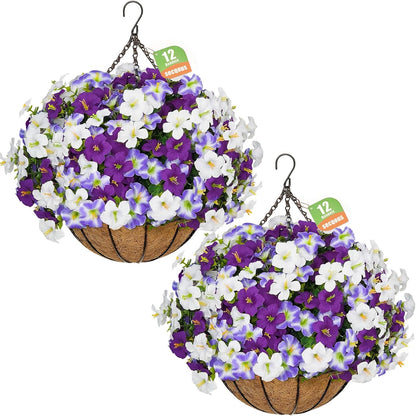 2 Set Artificial Hanging Flowers with Basket for Outdoor Spring Summer Decor, 2 Hanging Planters with 24 Pcs Silk Daisy Flowers for Garden Porch Patio Balcony Decoration