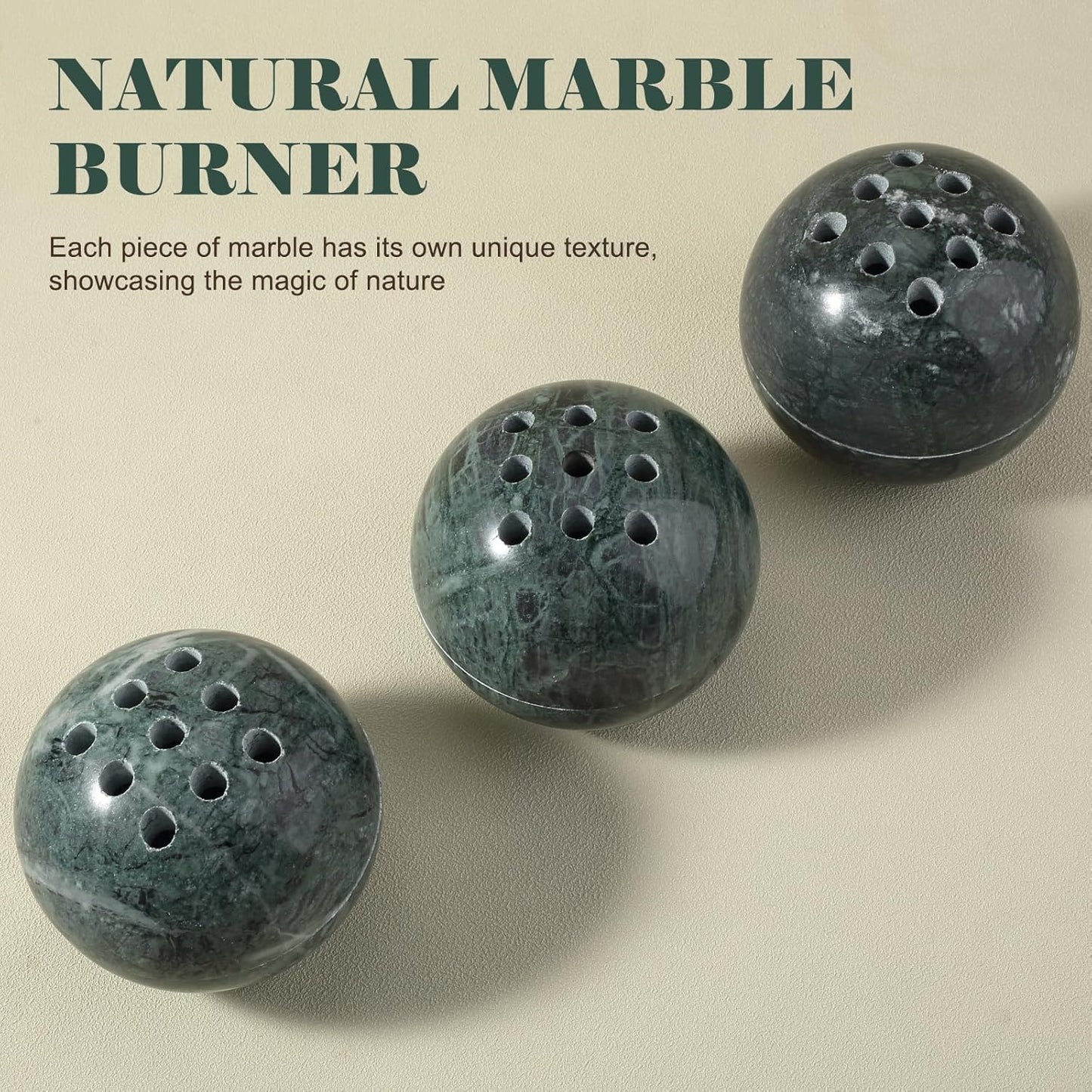 Koville Natural Marble Incense Holder, Incense Holder for Sticks with 9 Holes, Handmade Incense Burner Ash Catcher for Meditation Yoga SPA, Balsam Fir/Palo Santo/Sage/Cone (Green)