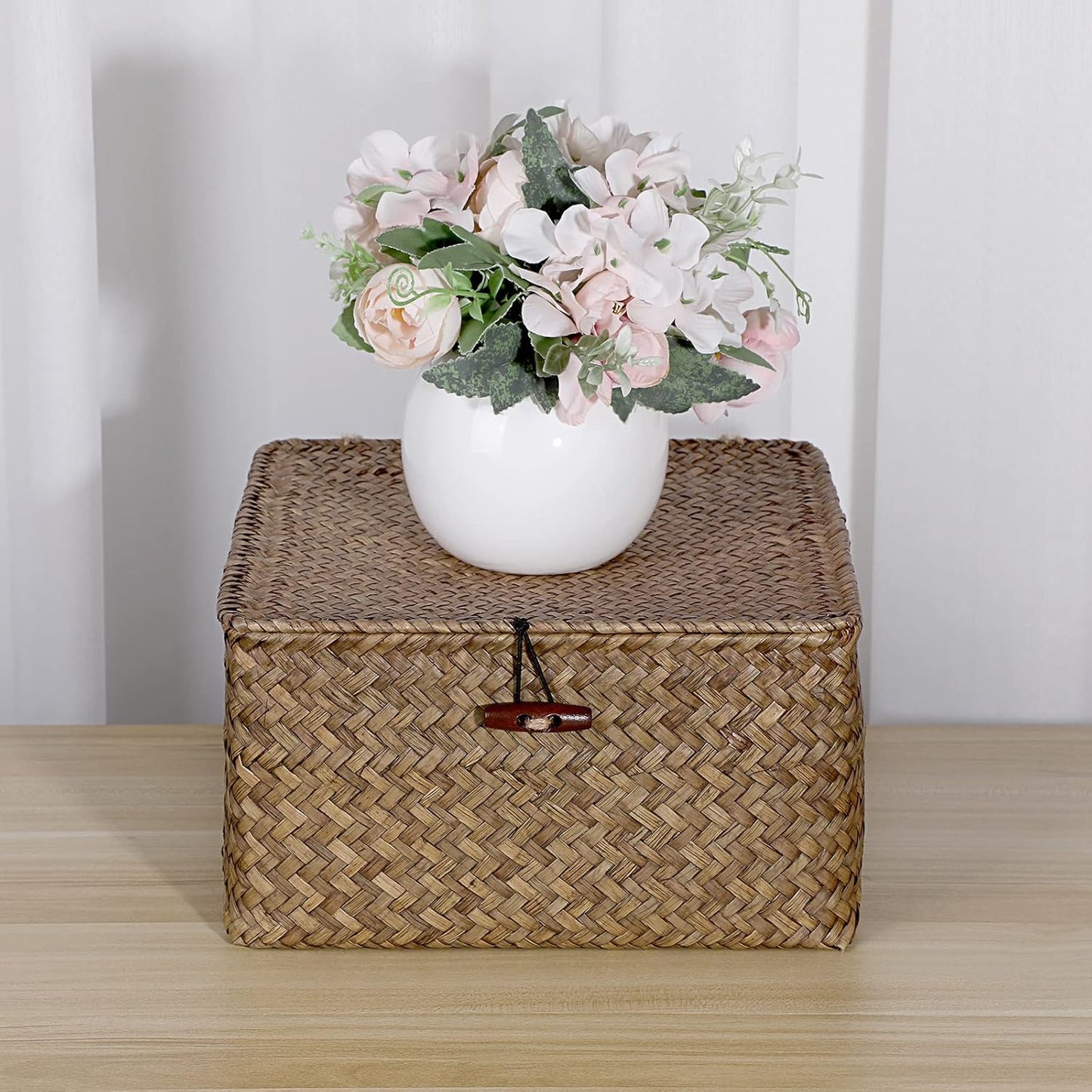 Hipiwe Seagrass Basket with Lid Wicker Storage Basket Square Handwoven Decorative Baskets Box for Shelf Multipurpose Household Baskets Home Decor,X-small