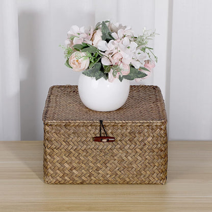 Hipiwe Seagrass Basket with Lid Wicker Storage Basket Square Handwoven Decorative Baskets Box for Shelf Multipurpose Household Baskets Home Decor,X-small