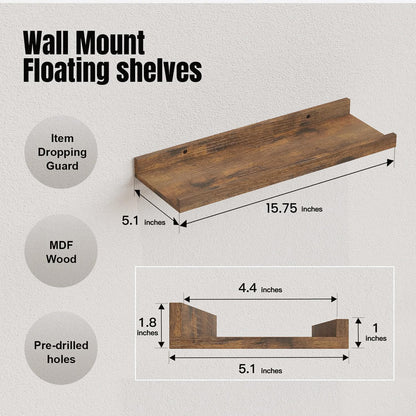 RICHER HOUSE 5 Set Floating Wall Mounted Shelves, Black Shelves for Wall Decor, Modern Picture Ledge Shelf with Lip for Storage, Nursery, Bedroom, Living Room, Bathroom - Black