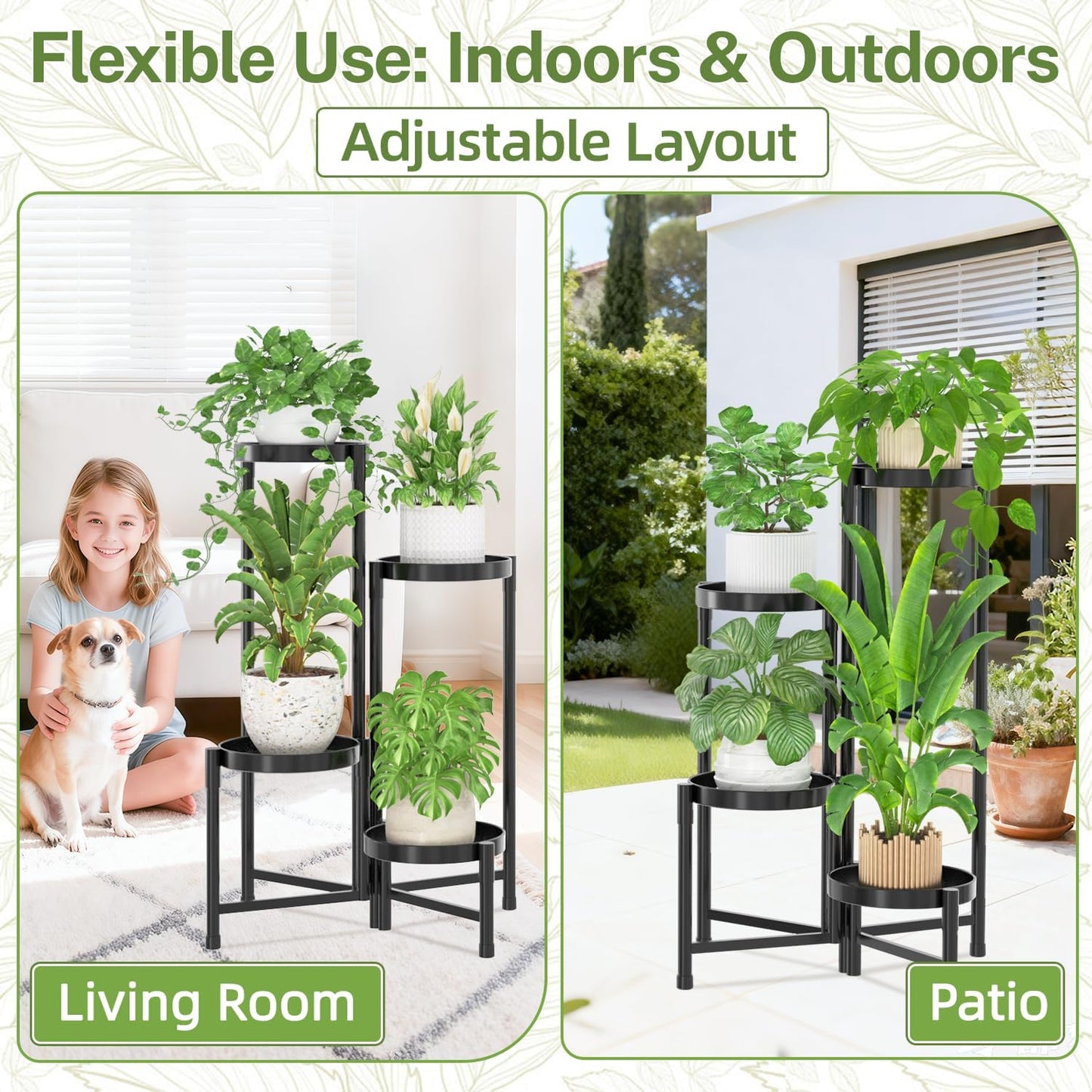 iDavosic.ly Plant Stand Indoor Outdoor, 5 Tier Corner Metal Flower Display Holder Shelf, Folding Tall Orchid Rack for Patio Balcony Porch Garden Living Room House, Black