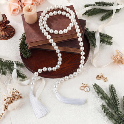Quelay 58 Inch Pearl Glass Bead Garland 16mm with Tassels Elegant Boho Wedding Table Decor Healing Bead Prayer Fringe Wall Shelf Hanging for Wedding Party Farmhouse Rustic Home Decoration(Beige)