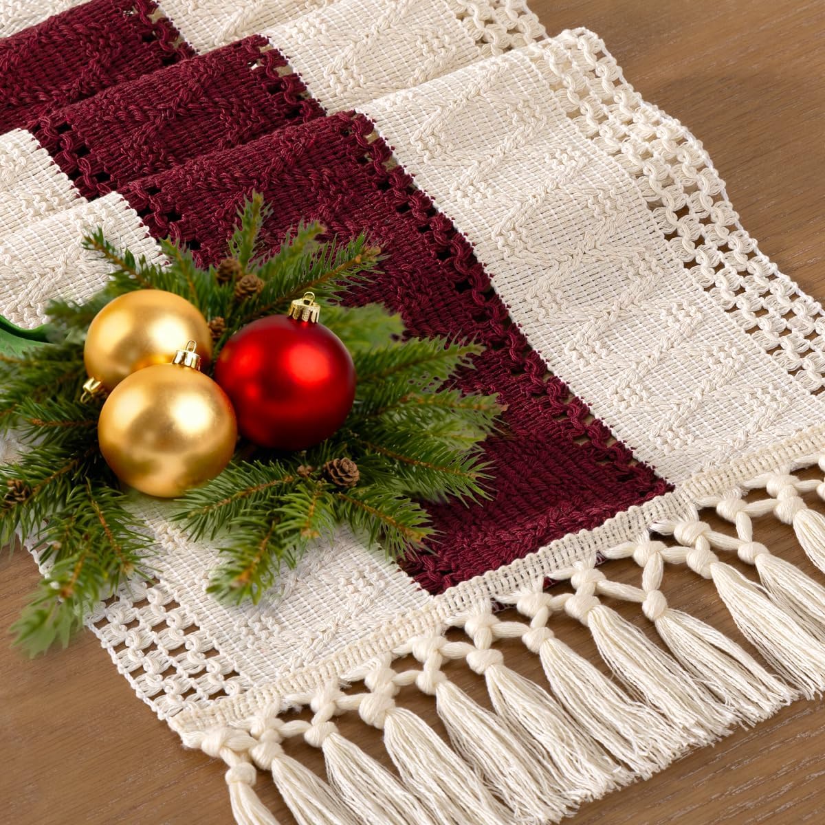 Socomi Boho Table Runner Summer Farmhouse Rustic Dining Kitchen Centerpiece Decor Small Macrame Woven Cotton Linen Coffee Table Runner for Dresser Scarf Home Decor 12x36 inch Beige