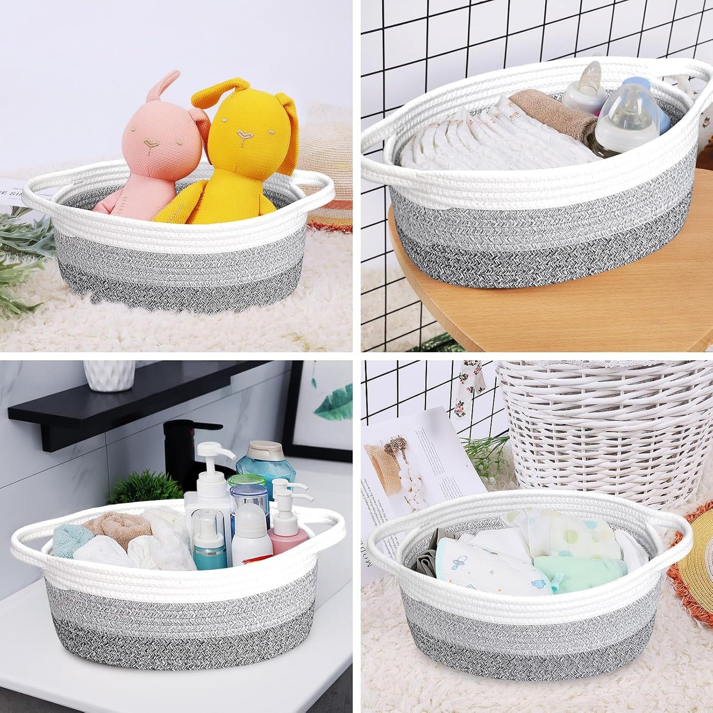 ABenkle Small Basket with Handles, Boho Decorative Rope Woven Dog Cat Toy Storage Bin Shelf Storage Organizer, Easter Christmas Gift Basket, 12"x8"x5", White