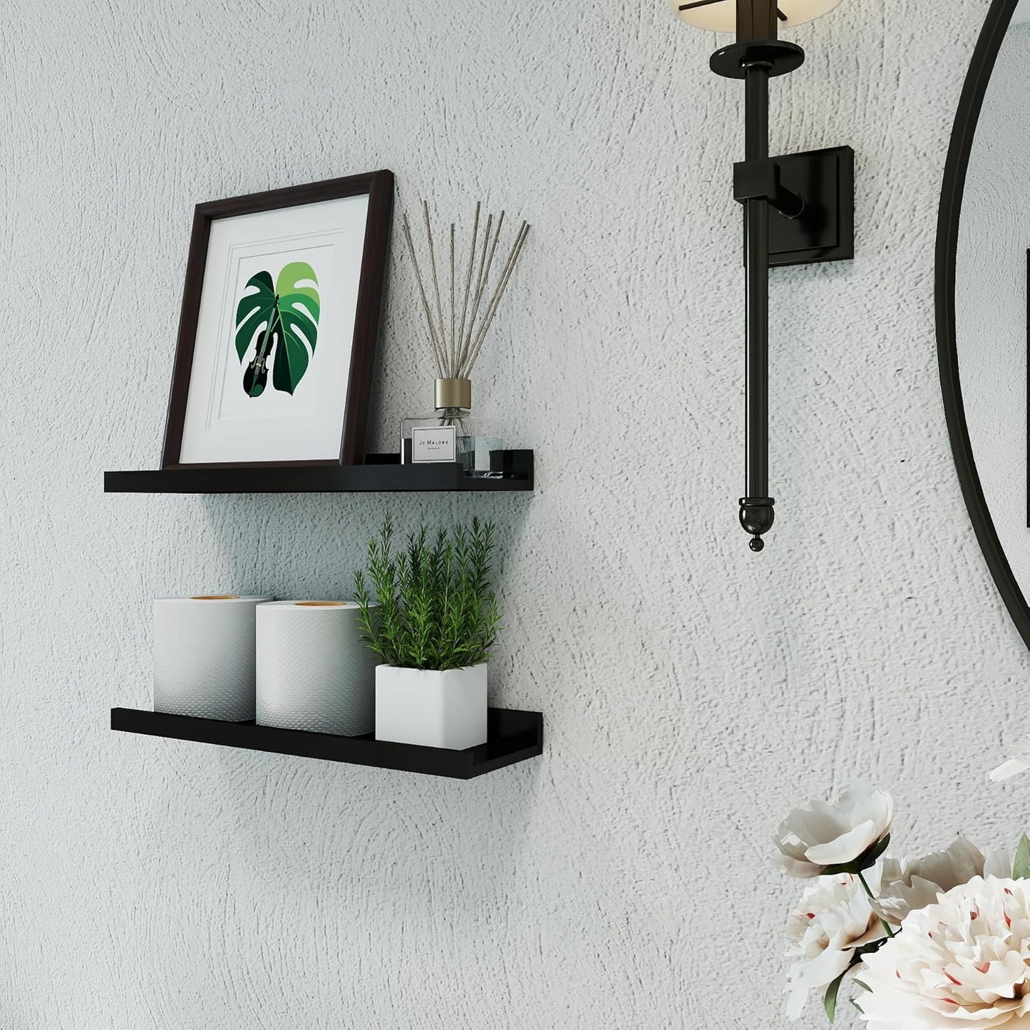 White Floating Shelves for Wall Decor, Wall Mounted Wood Storage Shelf for Bedroom, Living Room, Bathroom, Kitchen, Nursery, Display Picture Ledge Shelf with Lip Set of 2-14 Inches, White