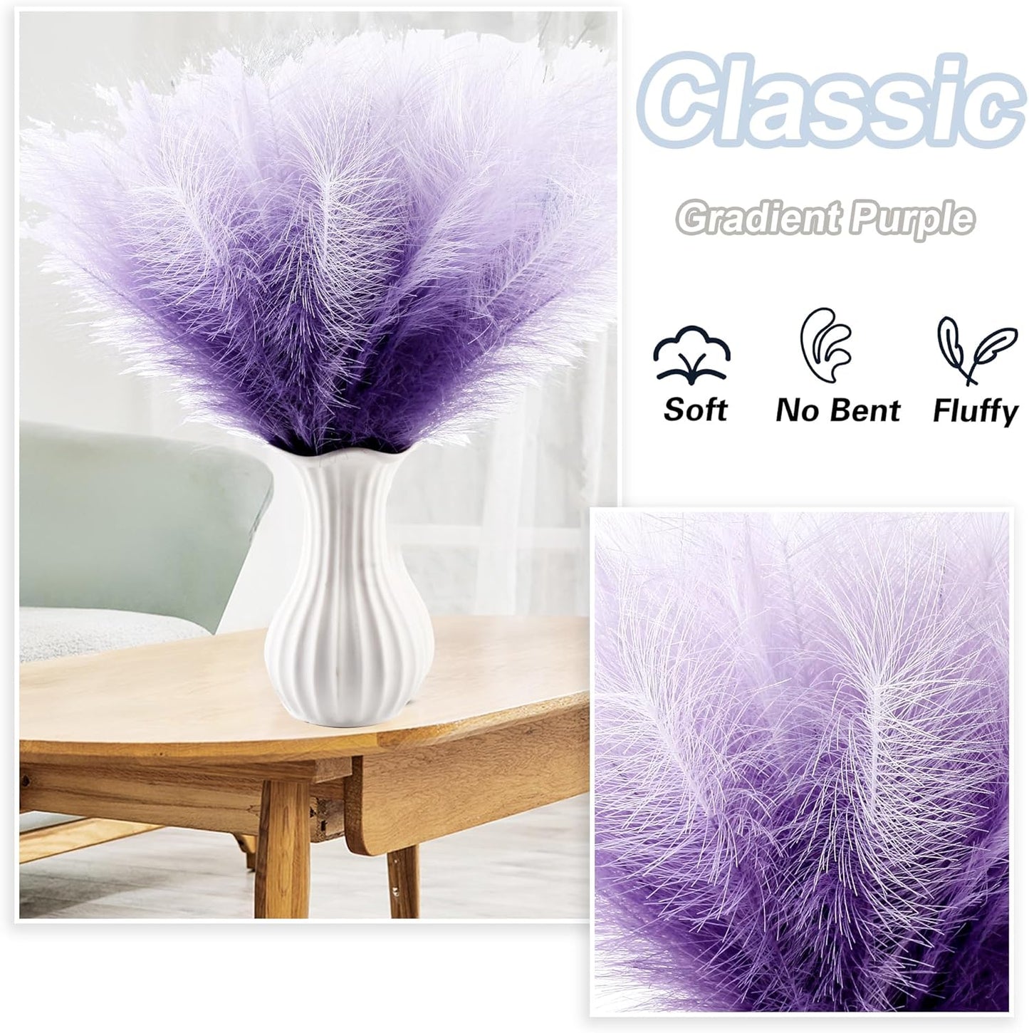 20Pcs Navy Blue Gradient and White Faux Pampas Grass Decor, 21.7"" Pompas Grass Flower Arrangement and Vase Filler for Boho Home Wedding Decoration, Black