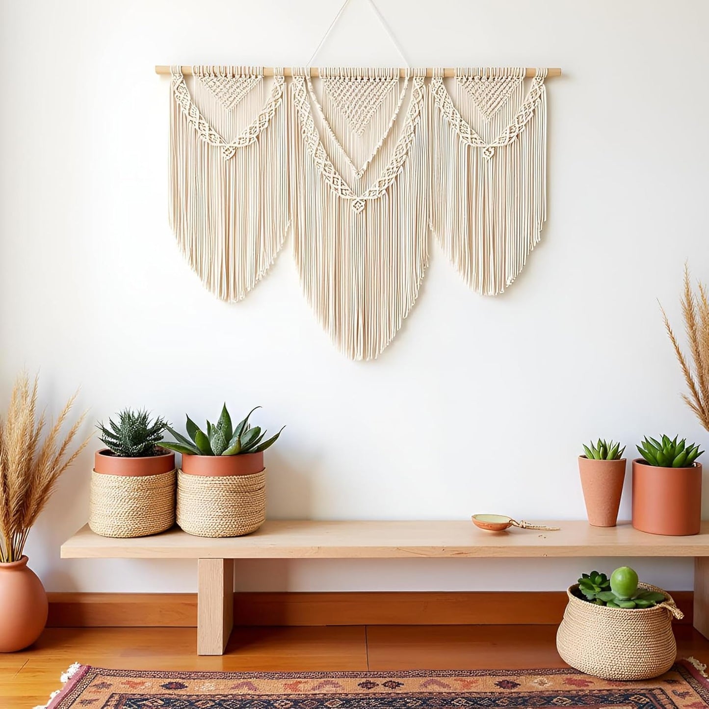 guzhiou large macrame wall hanging - Boho Tapestry Macrame Wall Decor Art- Chic Bohemian Handmade Woven Tapestry Home Decoration for Bedroom Living Room Apartment Wedding Party - 43"x32" (Wood bead)