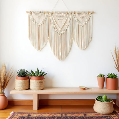 guzhiou large macrame wall hanging - Boho Tapestry Macrame Wall Decor Art- Chic Bohemian Handmade Woven Tapestry Home Decoration for Bedroom Living Room Apartment Wedding Party - 43"x32" (Wood bead)