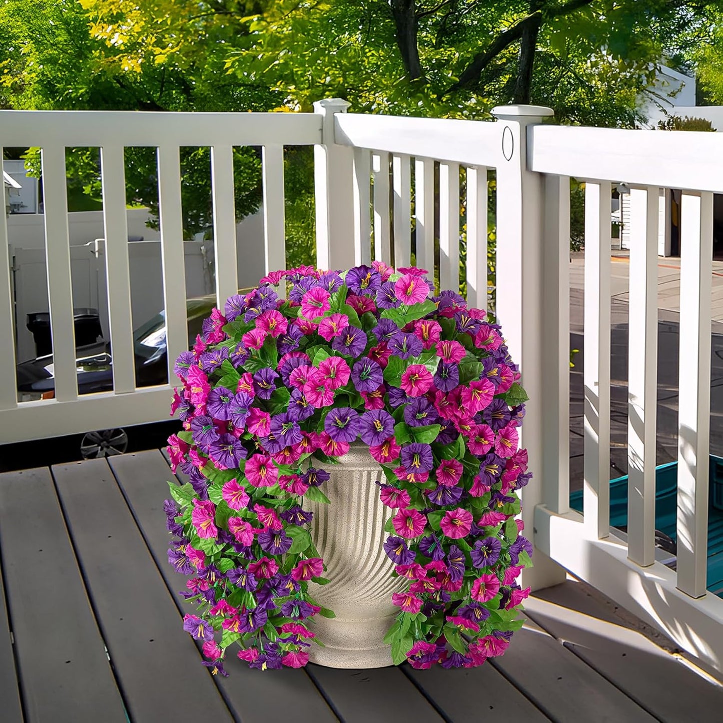 INXUGAO Artificial Flowers with Hanging Basket, Outdoor Faux Plants Silk Morning Glory Vines, Fake Green Arrangement for Garden Patio Spring Summer Decor(4pcs,Darkorchid)