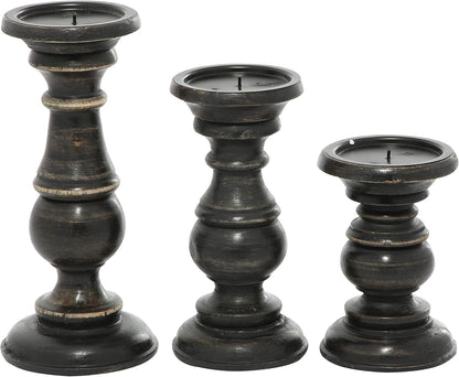 Deco 79 Mango Wood Decorative Candle Holder Distressed Turned Pillar Candle Stand, Set of 3 Candlestick Holder 6", 8", 10"H, Light Blue
