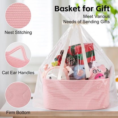 OIAHOMY Woven Basket, Gift Basket Empty with Gift Bags and Ribbons, Rope Baskets for Baby Showers, Storage Baskets with Handles for Nursery, Pet Toy Organizer - White