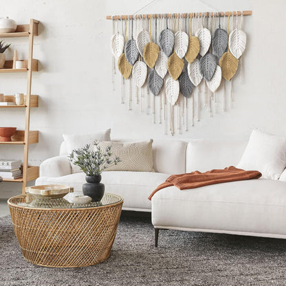 LOMOHOO Macrame Wall Hanging Boho Beige Leaves Tapestry Bohemian Handmade Woven Wall Art Decoration for Bedroom Living Room Apartment Dorm Gallery Perfect Handmade Gift Ideas