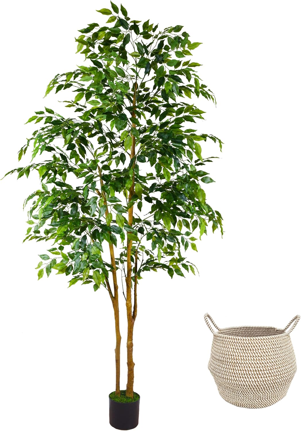 Warmplants Artificial Ficus Tree, 7ft Silk Fake Ficus Leaves Plant with Basket, Indoor Outdoor Faux Green Tree for Home Garden Office House Livingroom Décor