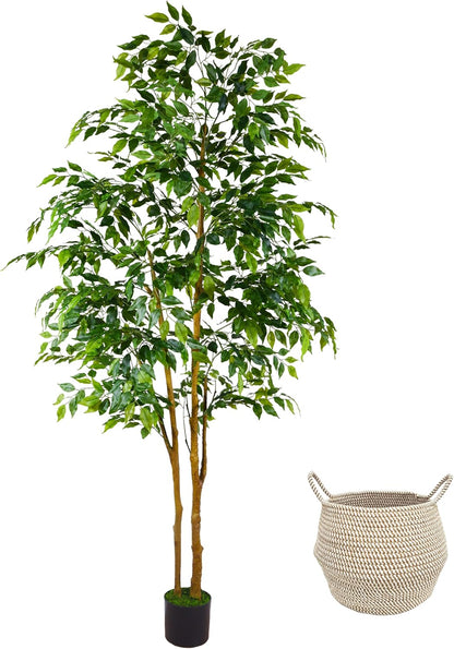 Warmplants Artificial Ficus Tree, 7ft Silk Fake Ficus Leaves Plant with Basket, Indoor Outdoor Faux Green Tree for Home Garden Office House Livingroom Décor