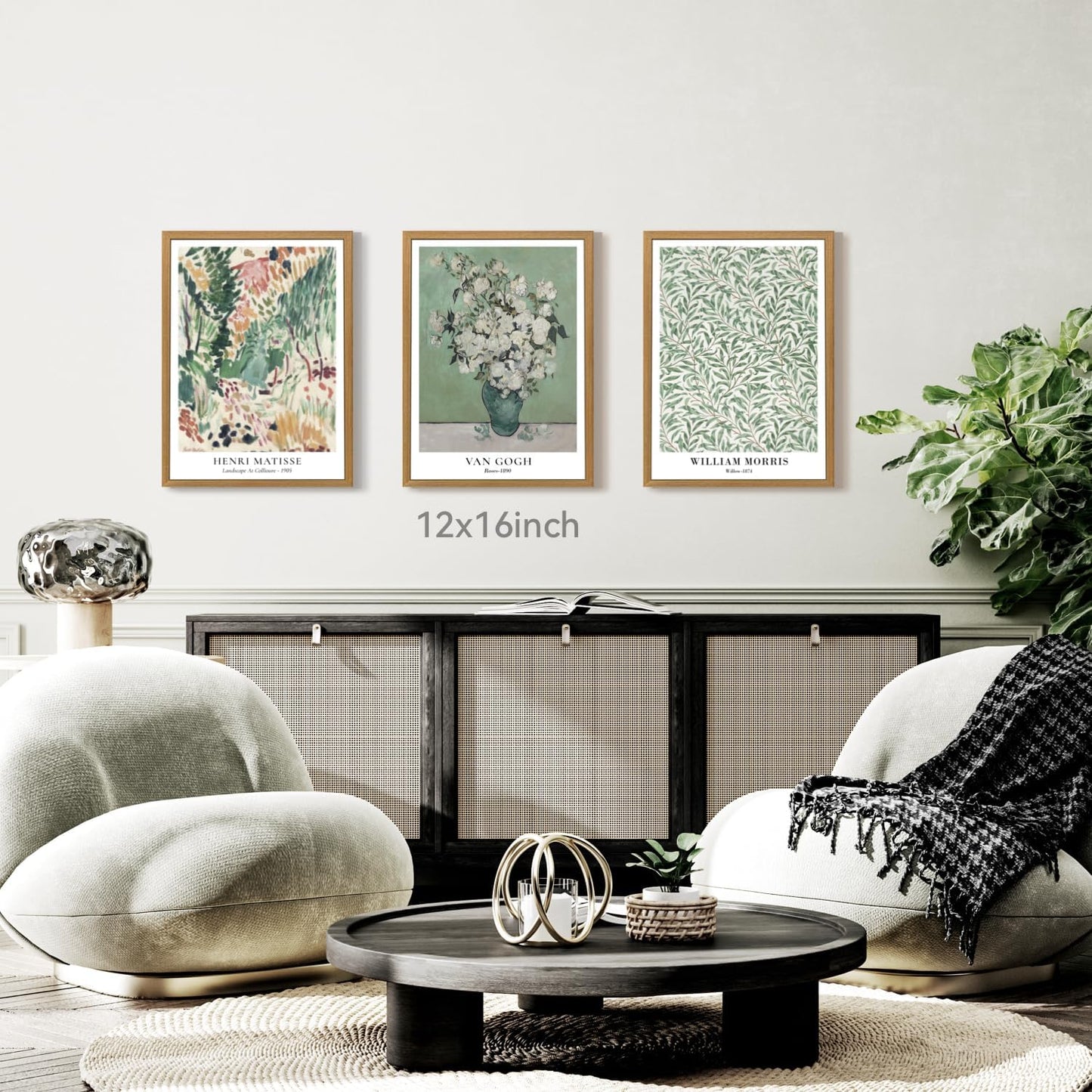 CAZLOUC White Wildflowers Wall Art Set of 3, Neutral Meadow Landscape Wall Decor, Minimalist Mountain Canvas Prints, Beige Rustic Field Paintings for Living Room Bedroom Wood Framed 12x16 Inch