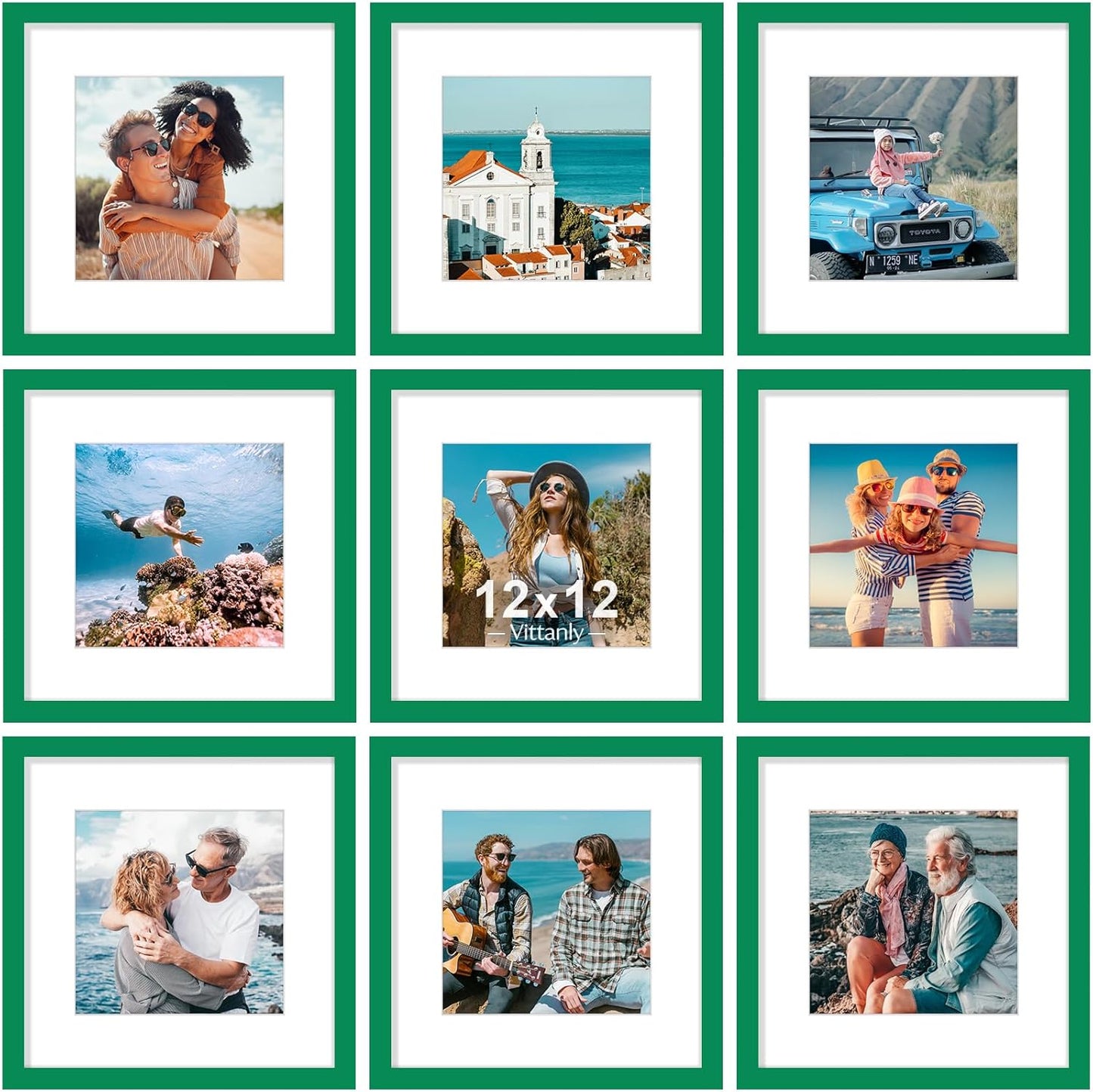 Vittanly 8x10 Picture Frames Set of 9, Shatter Resistant Plexiglass, Display 5x7 Pictures with Mat or 8x10 without Mat, Photo Frames for Wall or Tabletop, Engineered Wood, Black - Colors B