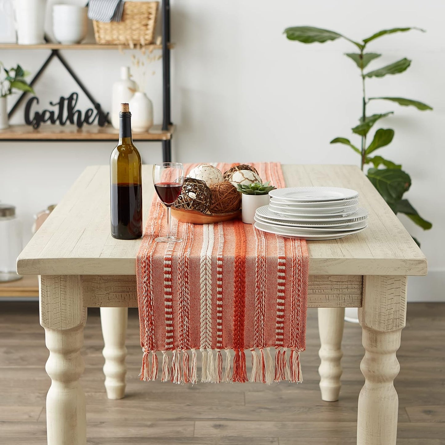DII Farmhouse Braided Stripe Table Runner Collection, 15x72 (15x77, Fringe Included), Black