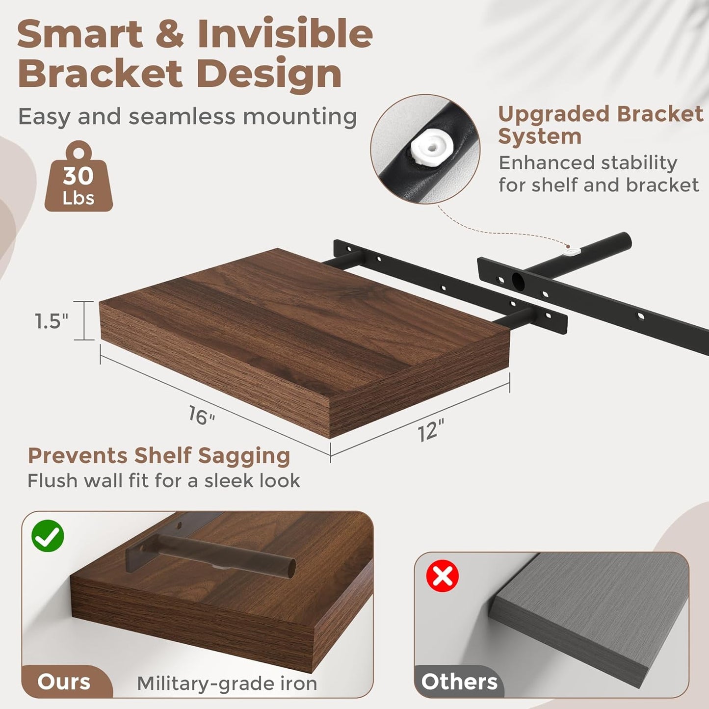 72 Inch Long Floating Shelves for Wall Set of 2, 12"D Wood Grain Bathroom Shelves with Invisible Brackets, Easy Install Engineered Wood Storage Shelves for Kitchen, Living Room, Bedroom, Black Finish