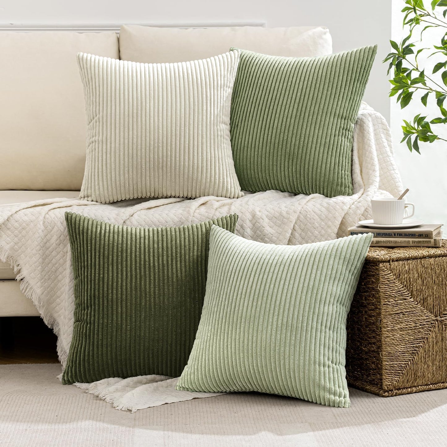 MIULEE Boho Farmhouse Sage Green Throw Pillow Covers 18x18 Inch Set of 4 Mordern Nordic Cushion Covers Soft Corduroy Spring Home Decor for Couch Bed Sofa Living Room Forest Green