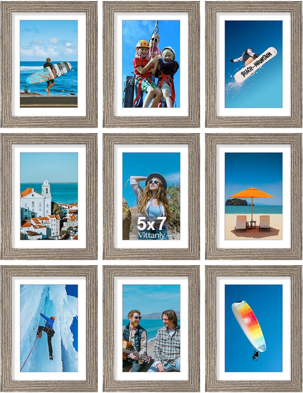 Vittanly 8x10 Picture Frames Set of 9, Shatter Resistant Plexiglass, Display 5x7 Pictures with Mat or 8x10 without Mat, Photo Frames for Wall or Tabletop, Engineered Wood, Black - Colors B
