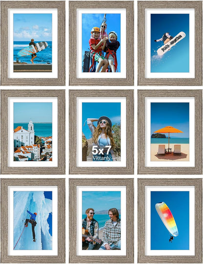 Vittanly 8x10 Picture Frames Set of 9, Shatter Resistant Plexiglass, Display 5x7 Pictures with Mat or 8x10 without Mat, Photo Frames for Wall or Tabletop, Engineered Wood, Black - Colors B