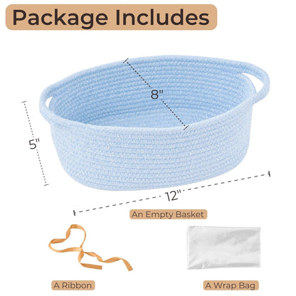 Small Woven Gift Basket Empty with Bag & Ribbon - Gifts for Mom, Baby Shower, Birthdays & Raffle - Cotton Rope Storage Basket for Dog Toys or Shelf - 12"x8"x5", White