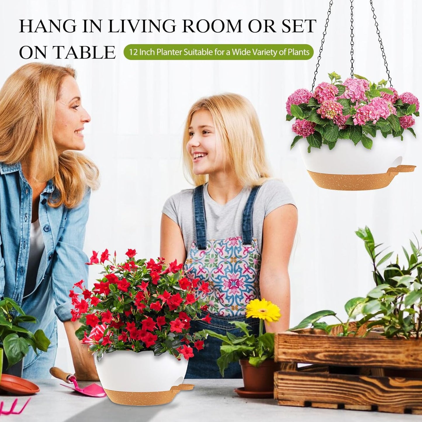 12 Inch Hanging Baskets 2 PC with Chains, Self-Watering Hanging Planters for Indoor Outdoor Plants, Plastic Hanging Flower Pots,Black