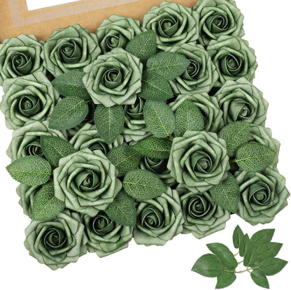 AmyHomie Artificial Flowers Dark Red Rose 25pcs Real Looking Fake Roses w/Stem for DIY Wedding Bouquets Centerpieces Arrangements Party Baby Shower Mothers Day Christmas Tree Decorations