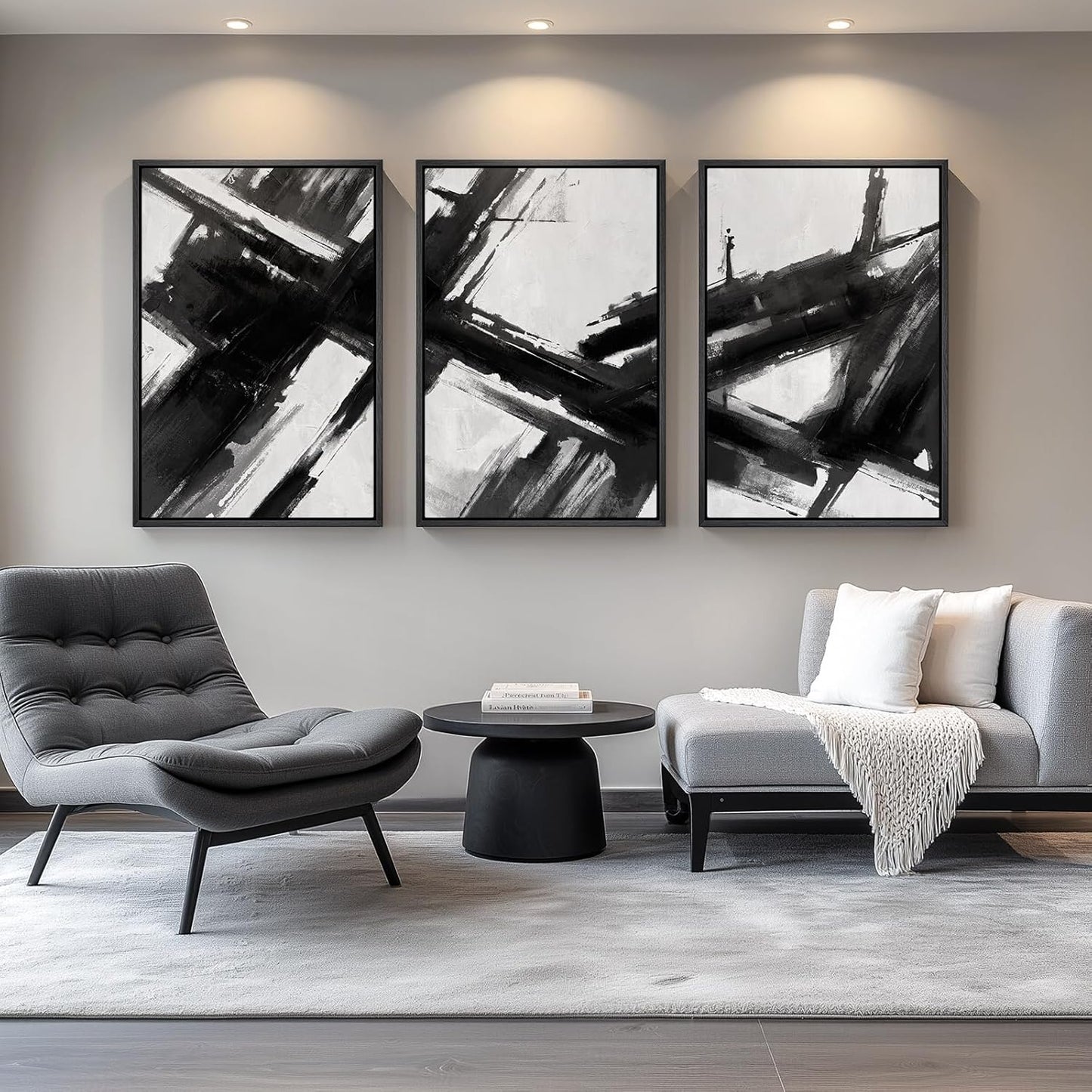 Large Framed Black and White Abstract Wall Art for Living Room, 3 Piece Big Modern Canvas Prints Paintings Artwork for Walls, Minimalist Abstract Art Pictures for Hallway, Office Wall Decor 24x36 In