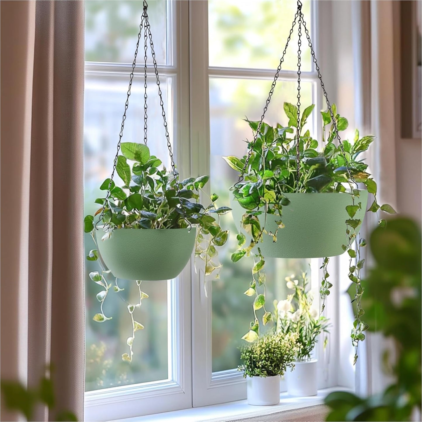 T4U Hanging Planters for Indoor Plants, 10 Inch Hanging Planter Outdoor 2 Pack, Hanging Basket with Drainage Holes, Hanging Plant Holder Indoor, Flower Pots, Plant Pots for Garden, Grey