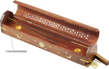 Sheesham Wood Incense Burner - Handmade Coffin Style Sun and Moon Inlay Incense Holder - Aromatherapy Room Freshener Cone Incense Stick Burner Ash Catcher - Zen Home Gift - 12x2x2 - COTTON CRAFT