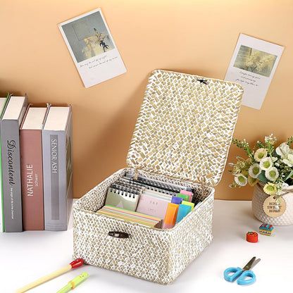 Hipiwe Seagrass Basket with Lid Wicker Storage Basket Square Handwoven Decorative Baskets Box for Shelf Multipurpose Household Baskets Home Decor,X-small