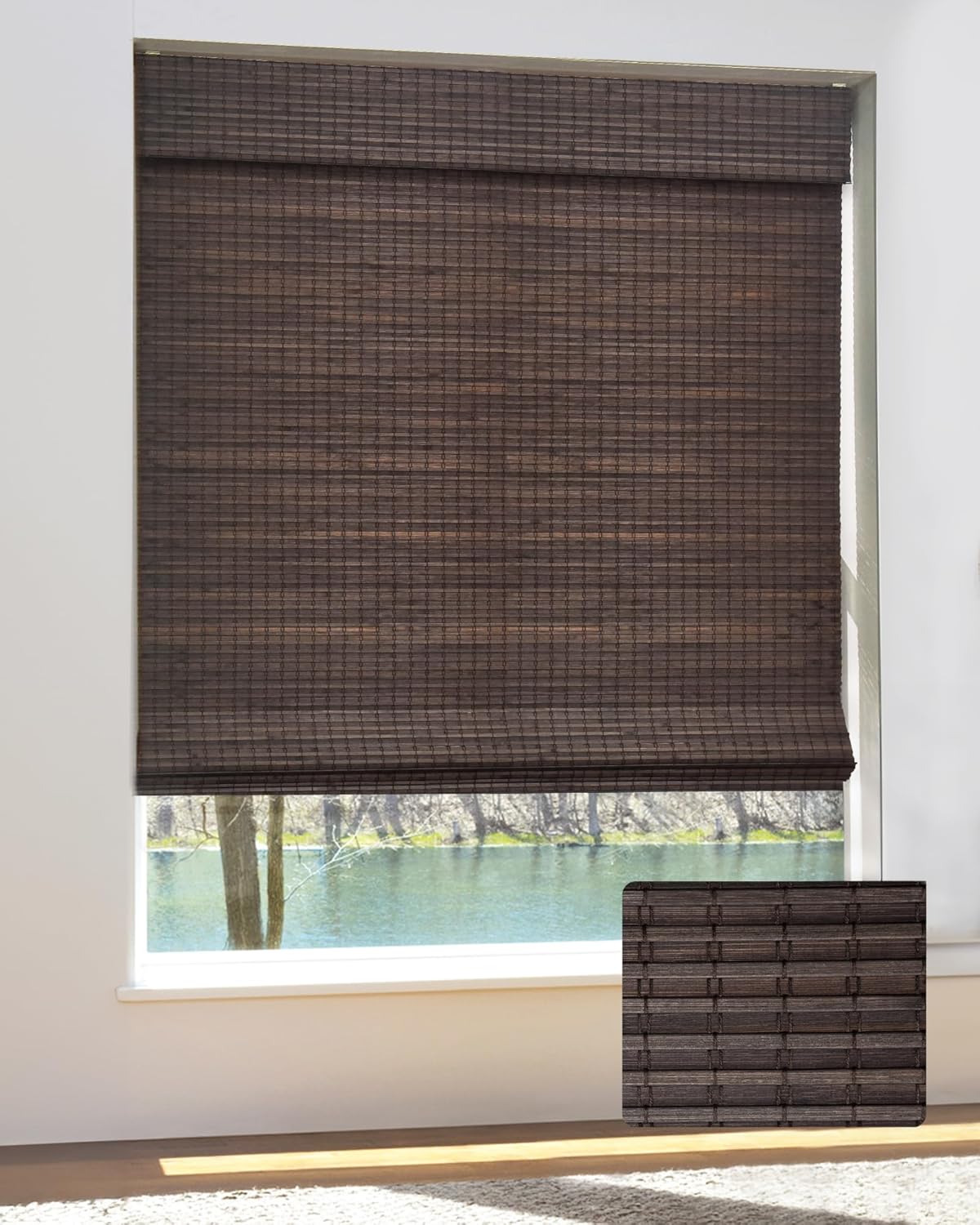UNISHADES Cordless Bamboo Roman Shades for Windows, Blinds Size (26.5" W ×48" H) Colour (Highfield Teak)