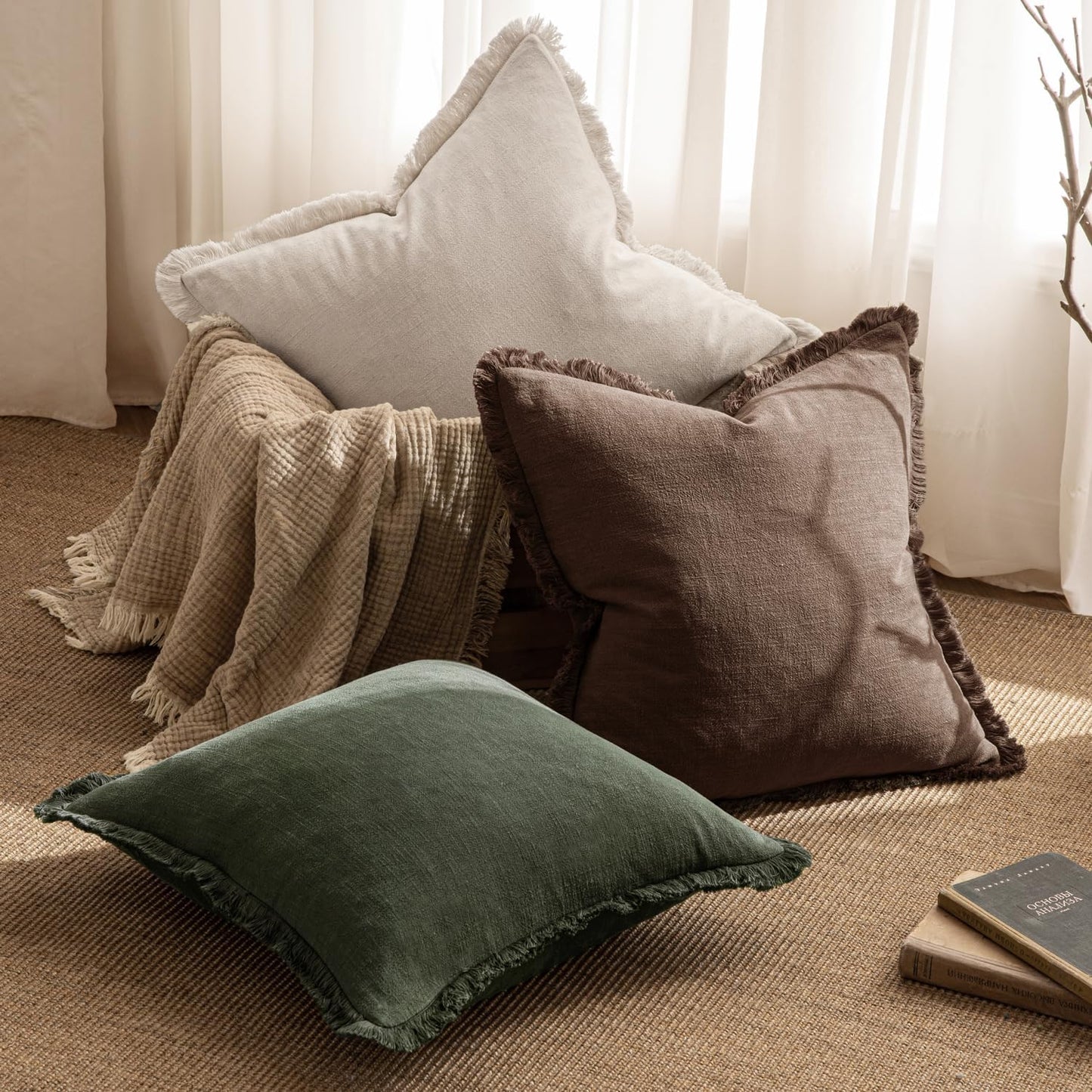 MIULEE Decorative Throw Pillow Covers Neutral Linen Fringe Throw Pillows Set of 2 Natural Beige Boho Farmhouse Cushion Covers with Tassels for Couch Sofa Bed Spring Home Decor 20x20 Inch