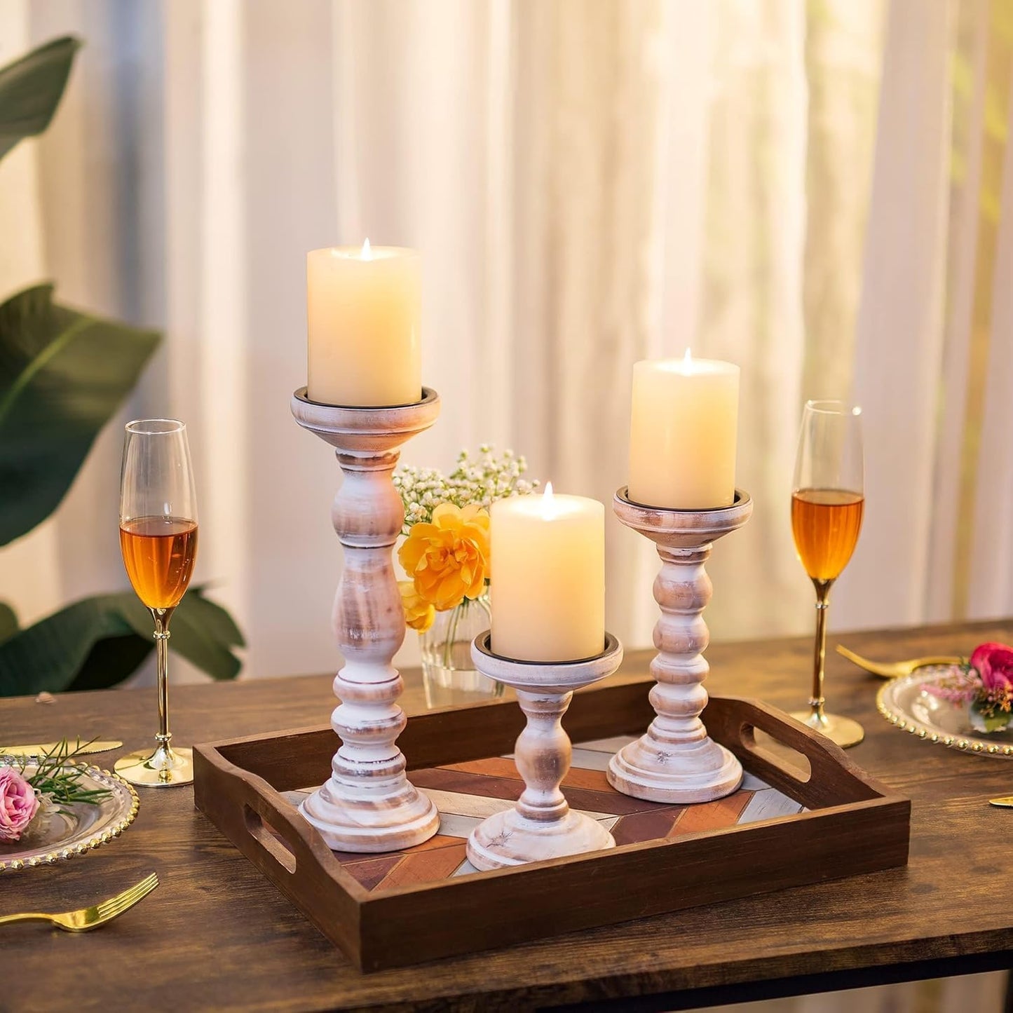 Wood Pillar Candle Holder: 3Pcs Rustic White Candle Holders for Pillar Candles Wood Candle Holders Distressed Wooden Farmhouse Candle Holder Large Rustic Candle Holder for Fireplace Table