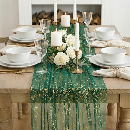 Artoid Mode Beige Gold Gauze Table Runner 120 Inch 10FT, Glitter Metallic Foil Sheer Dining Wedding Anniversary Holiday Birthday Table Decor for Home Party