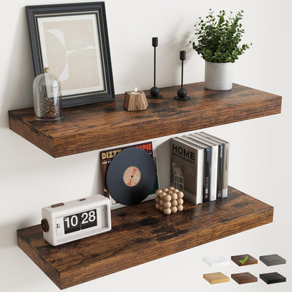72 Inch Long Floating Shelves for Wall Set of 2, 12"D Wood Grain Bathroom Shelves with Invisible Brackets, Easy Install Engineered Wood Storage Shelves for Kitchen, Living Room, Bedroom, Black Finish