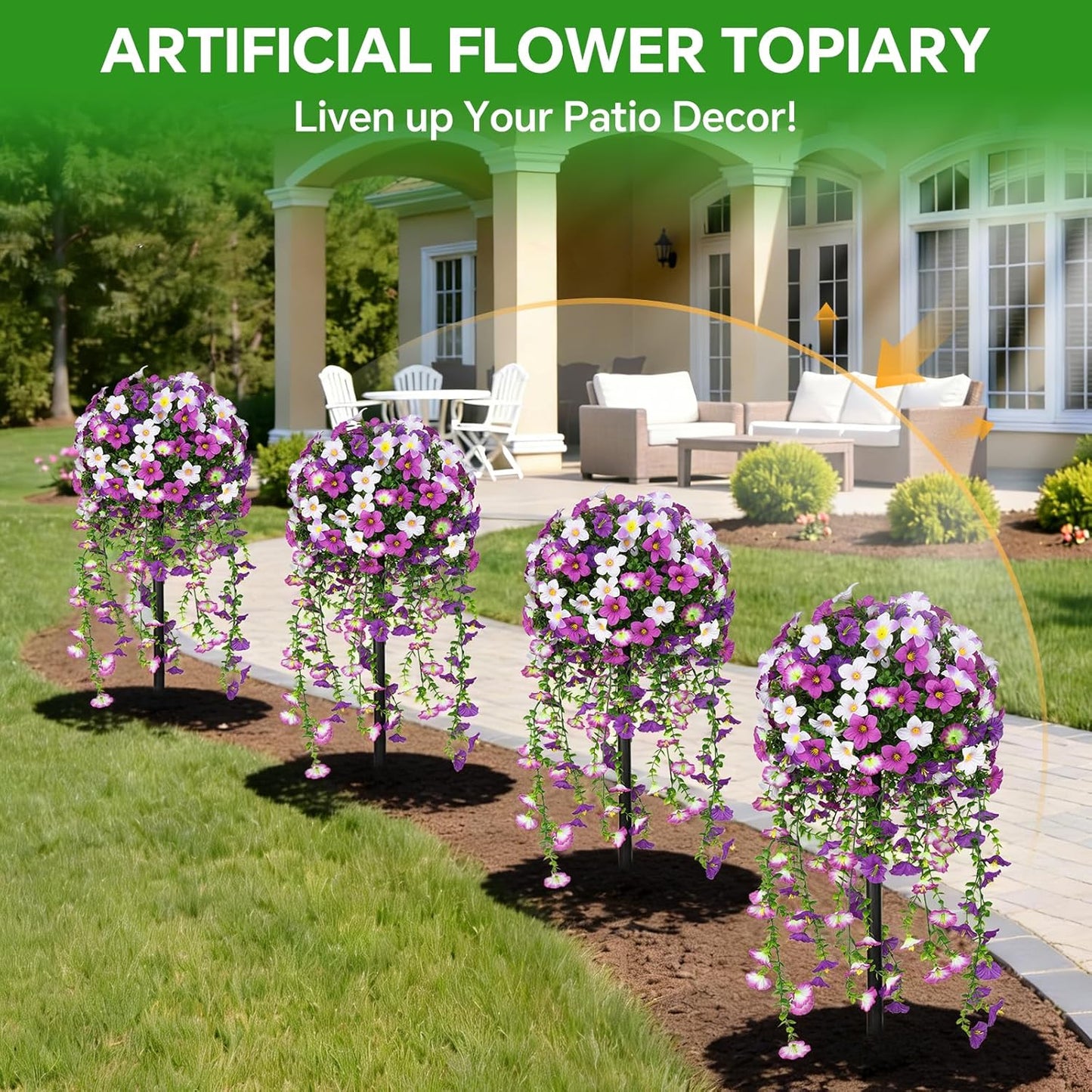 Artificial Lavender Topiary Ball Trees, 2 Set of UV Resistant Fake Evergreen Shrubs Bushes Plants with Ground Spike, Fake Plants for Outdoor Indoor Front Porch Garden