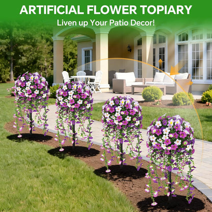 Artificial Lavender Topiary Ball Trees, 2 Set of UV Resistant Fake Evergreen Shrubs Bushes Plants with Ground Spike, Fake Plants for Outdoor Indoor Front Porch Garden