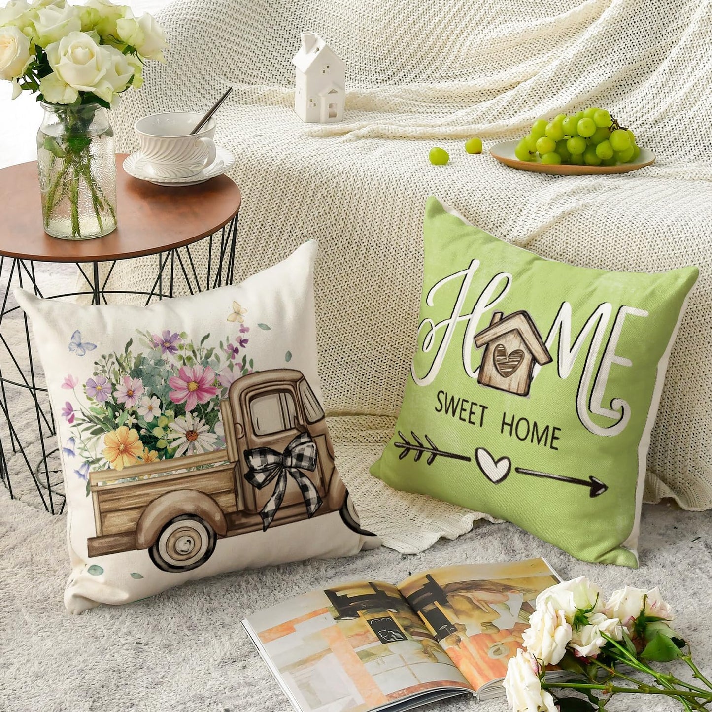 AVOIN colorlife Bless Our Home Farmhouse Eucalyptus Leaves Throw Pillow Covers, 18 x 18 Inch Truck Home Sweet Home Cushion Case Decorations Set of 4