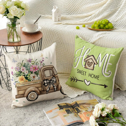AVOIN colorlife Bless Our Home Farmhouse Eucalyptus Leaves Throw Pillow Covers, 18 x 18 Inch Truck Home Sweet Home Cushion Case Decorations Set of 4