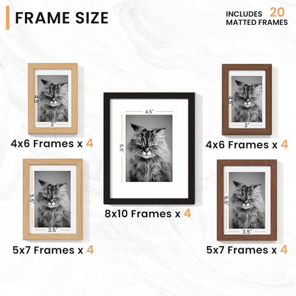 Venusmiles 20 Pack Picture Frames Collage Wall Decor, Gallery Frame Set for Wall Mounting or Tabletop Display, Multi Sizes Including 4pcs 8x10, 8pcs 5x7, 8pcs 4x6, Oak