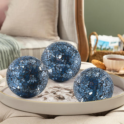 3Pcs Mosaic Glass Orbs Decorative Balls Set 8.5cm/3.35inch Blue Sphere Wedding Party Home Decor Table Centerpiece