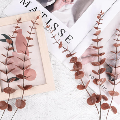 FEQO 36 Pcs Artificial Eucalyptus Stems Dark Brown Leaves Faux Eucalyptus Stems Branches 15 inch for Wedding Bouquet Home Deco