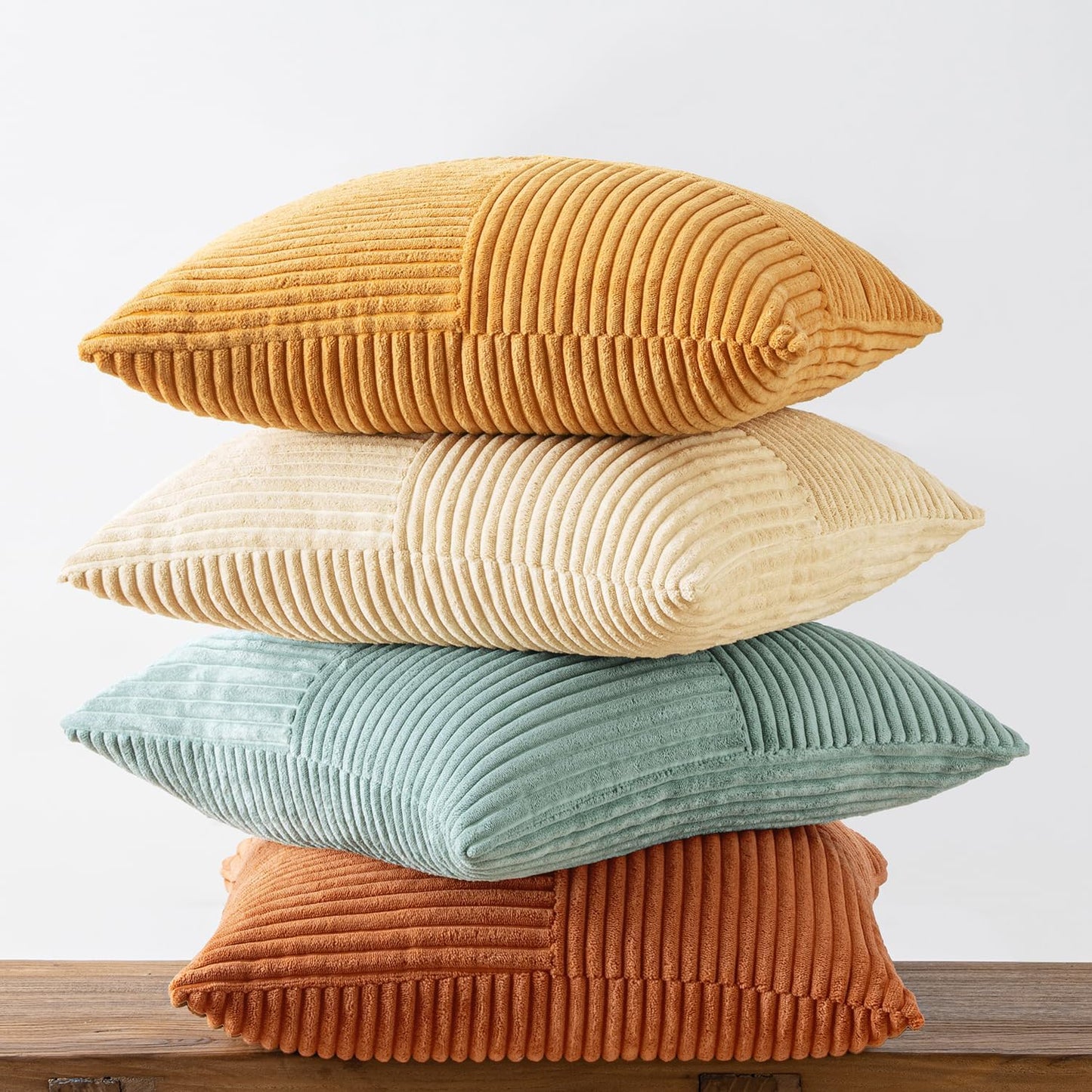 MIULEE Teal Orange Decorative Throw Pillow Covers 18x18 Inch Set of 4 Boho Corduroy Striped Cushion Cases Modern Farmhouse Patchwork Pillow Cases for Couch Sofa Bedroom Home Decor