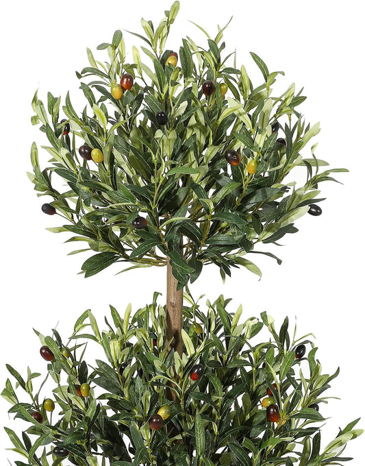 5 ft Artificial Olive Tree, Triple Ball Topiary Faux Plant with Moss & Pot, Outdoor Indoor Realistic Fake Shrubs Trees, Round Bushes Fake Shrubs Potted for Home Offices Porch Decor, Set of 2