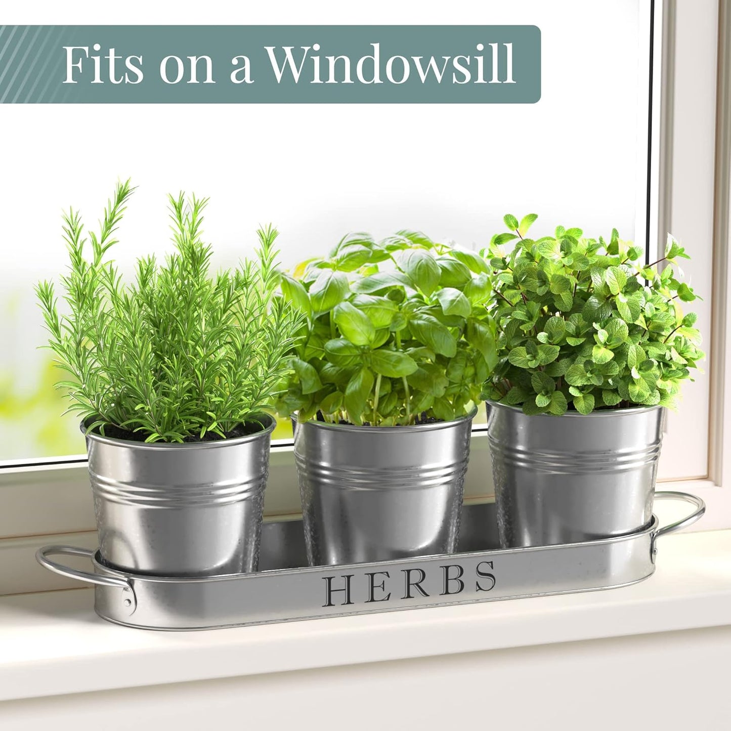 Barnyard Designs Indoor Herb Garden Planter Set with Tray, Metal Windowsill Plant Pots with Drainage for Outdoor or Indoor Plants, Set/3 (White)