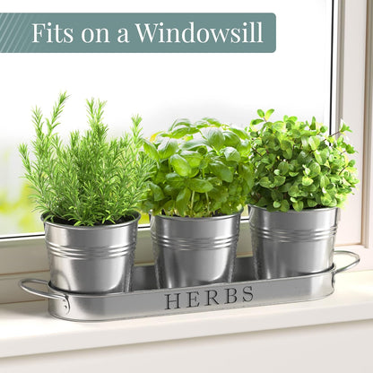 Barnyard Designs Indoor Herb Garden Planter Set with Tray, Metal Windowsill Plant Pots with Drainage for Outdoor or Indoor Plants, Set/3 (White)